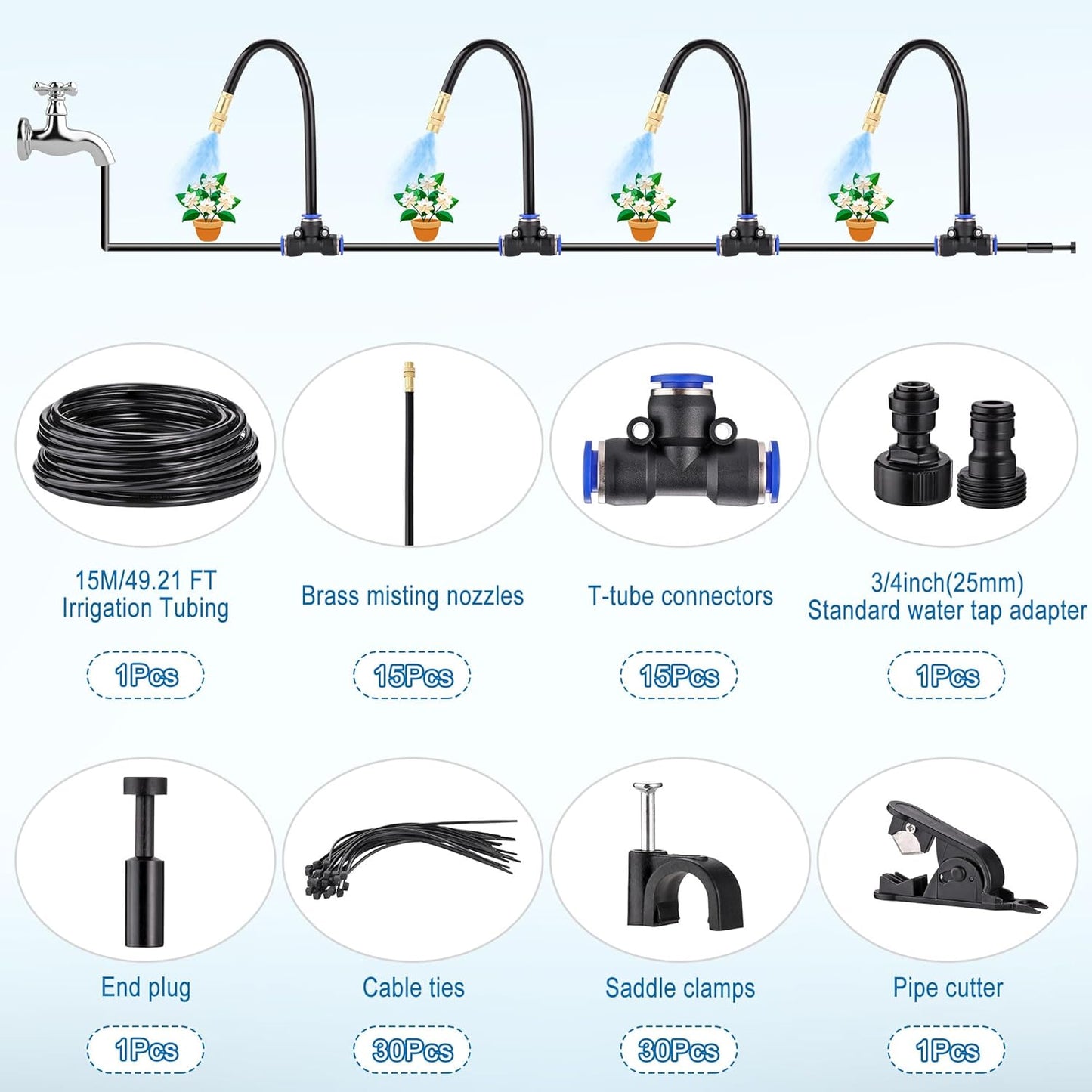 Mornajina Automatic Drip Irrigation Kits Garden Irrigation System, Includes 50FT 5/16 inch Irrigation Tubing Hose & 15Pcs 360° Bending Dropper Atomizing Mist Nozzles Tee for Garden Watering System