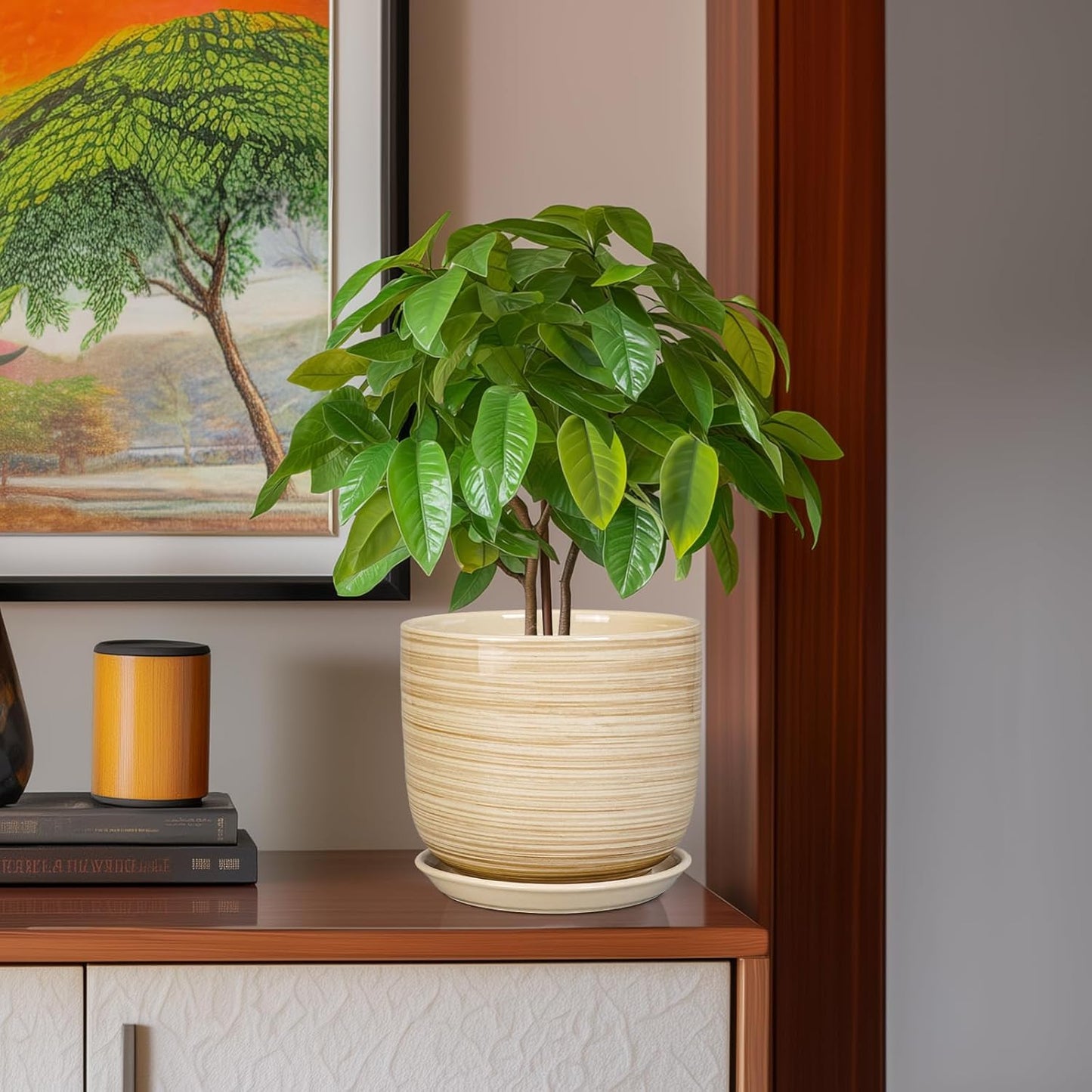 Indoor Plant Pot 8 Inch - Cylinder Modern Ceramic Planter for Indoor Outdoor Plants with Drainage Hole and Saucer, House Office Home Room Desk Decor, Yellow