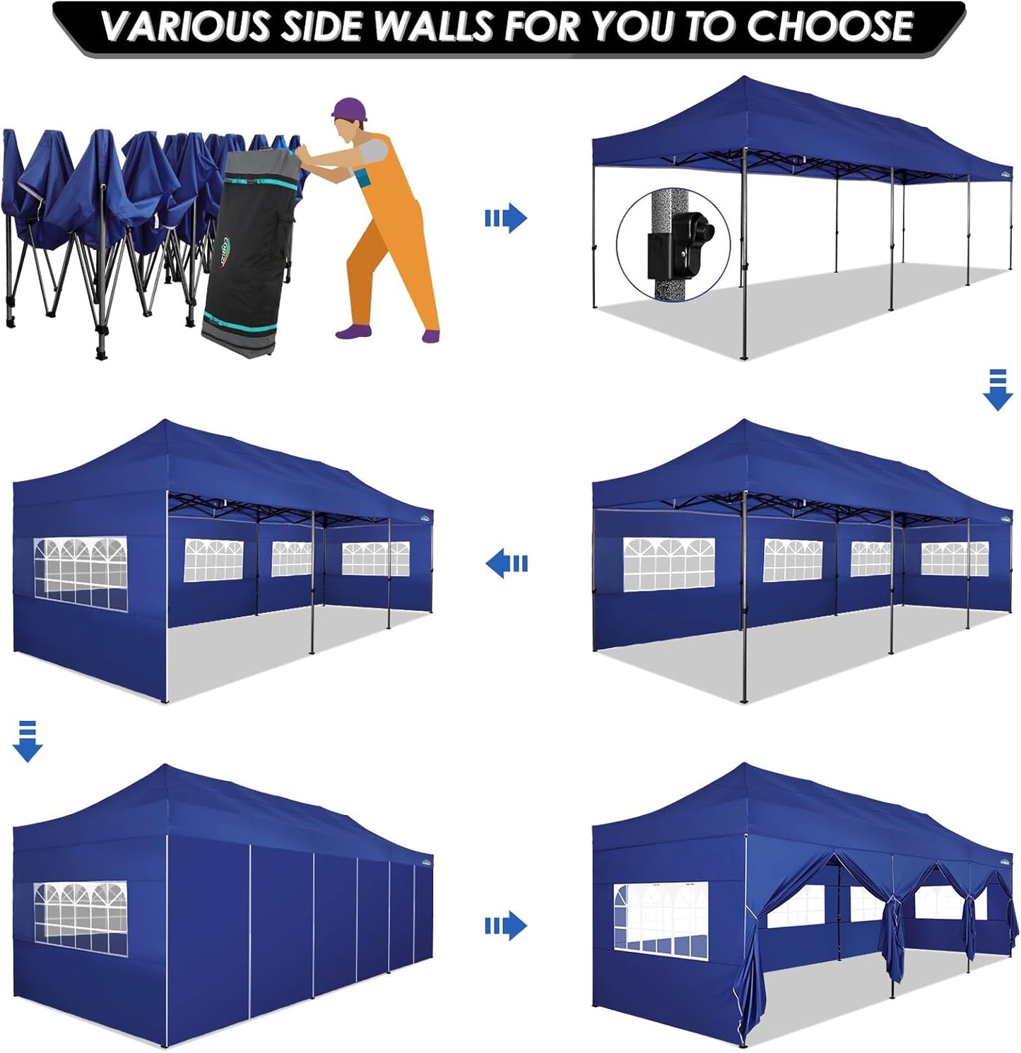 COBIZI 10x30 Pop up Canopy Tent 10x30 Canopy with Sidewalls, Heavy Duty Party Tent Tents for Parties, Foldable UPF 50+ Waterproof Commercial Easy up Canopy with Roller Bag, Navy Blue(Windproof)