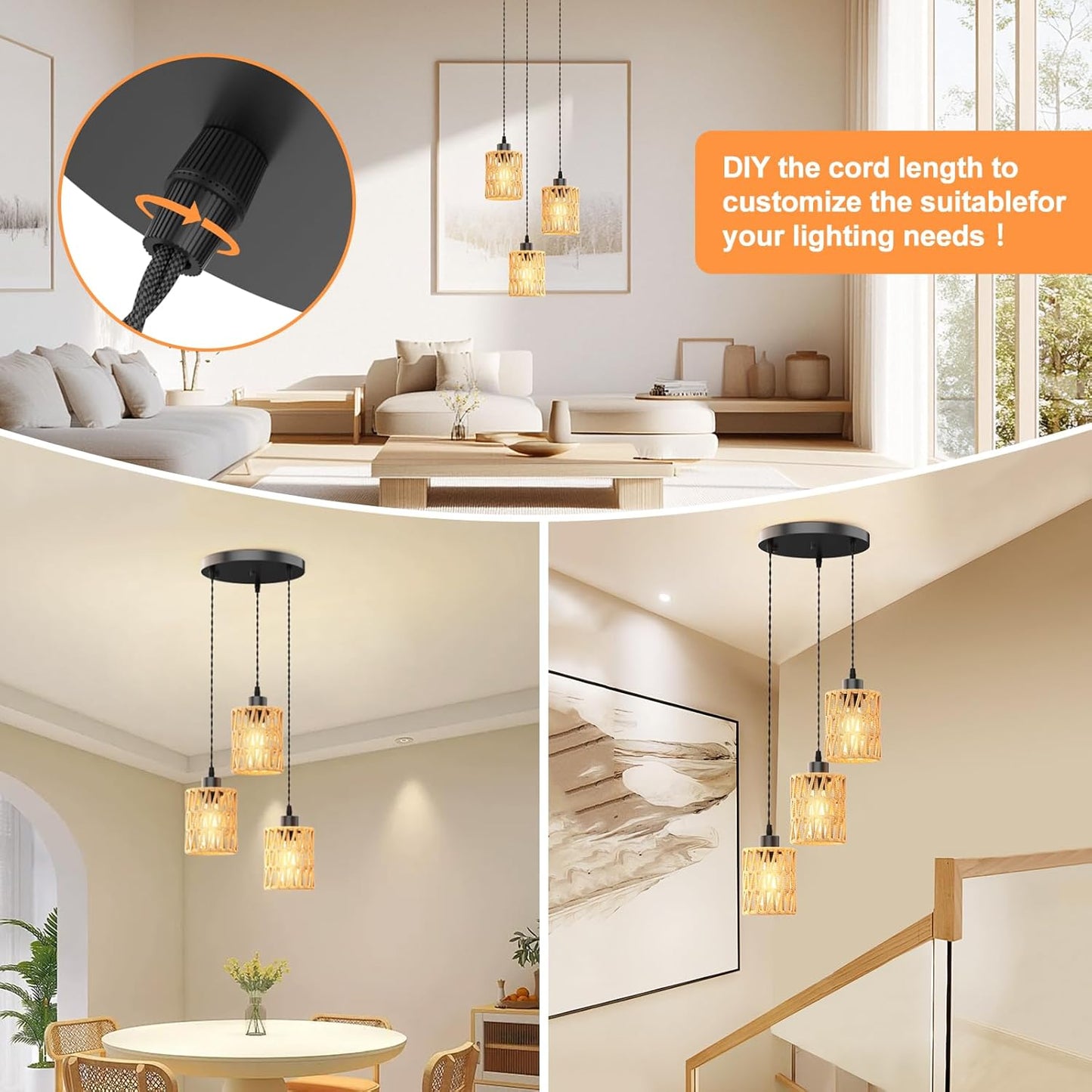 3 in 1 Farmhouse Hemp Rope Pendant Light - Rustic Hand-Woven Rattan Hanging Light Fixture for Kitchen Island,Dining Room,Bedroom- Wicker Cage Chandelier-Coastal/Nautical/Boho Style Lighting Fixture