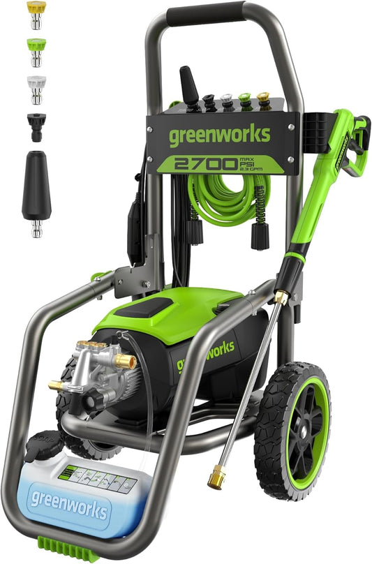 Greenworks Pro Brushless 2700 PSI (CSA Certified) 2.3 GPM Max / 1.2 GPM Electric Pressure Washer (Foldable Handles, Rugged Steel Frame, 25 FT Hose, 35 FT GFCI Power Cord)