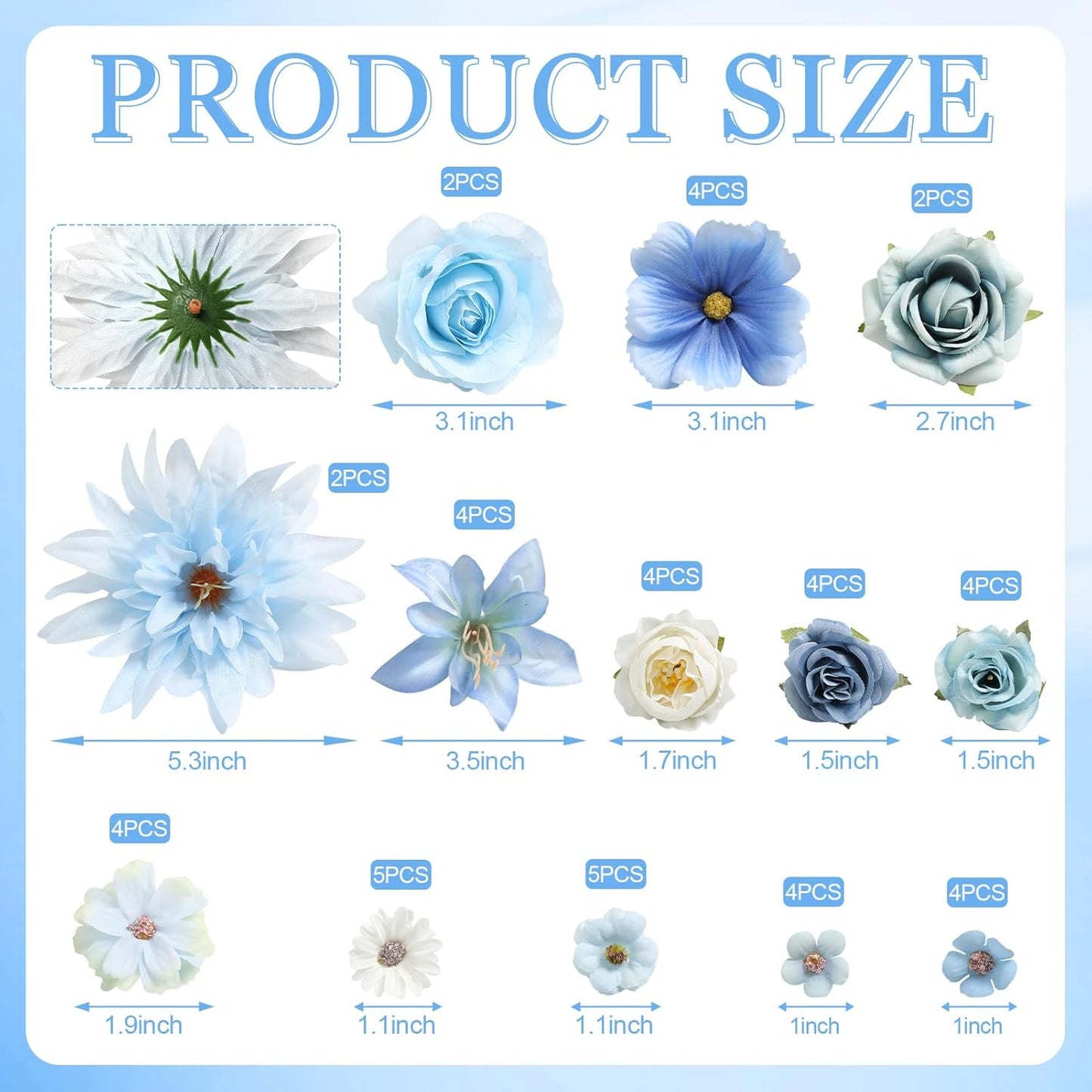 YYHUAWU Fake Flower Heads Mini Blue Artificial Flower Faux Dahlia Rose Flowers Multicolor Silk Daisy Flower Heads for Craft Garland Wedding Bridal Baby Shower Home Party Decoration DIY Cake Decor