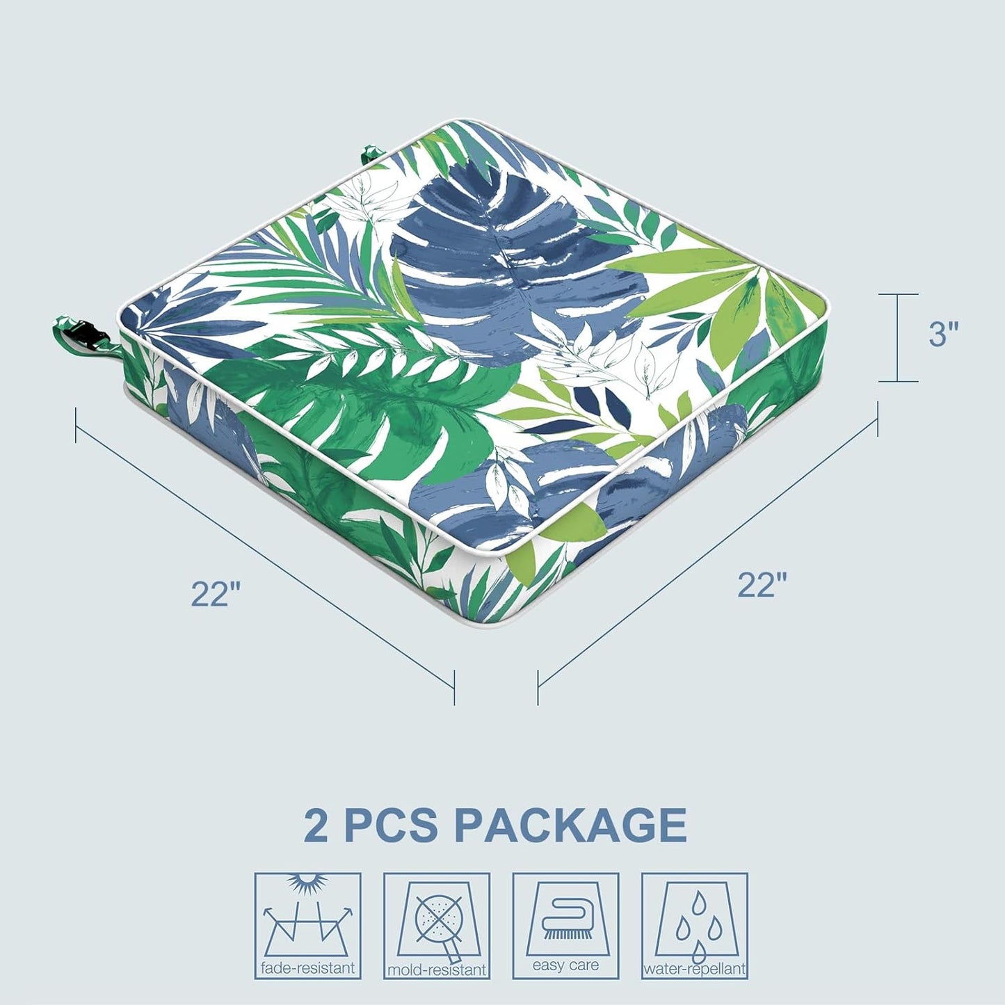 LVTXIII Patio Chair Cushions 22"x22"x3", Water-Repellent Outdoor Seat Cushions for Patio Furniture, Square Chair Pads with Ties for Home Garden Decoration, Set of 2, Islamorada Blue Green