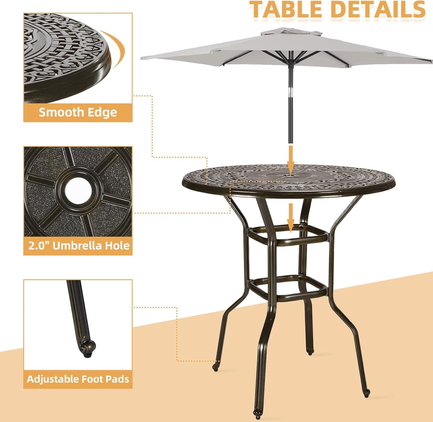 5 Pieces Patio Swivel Bar Set, Patio Bar Table and Chairs Set, All-Weather Cast Aluminum Outdoor Swivel Bar Stools of 4 and 38.5" Bar Table, High Top Bistro Set for Deck, Pool, Garden