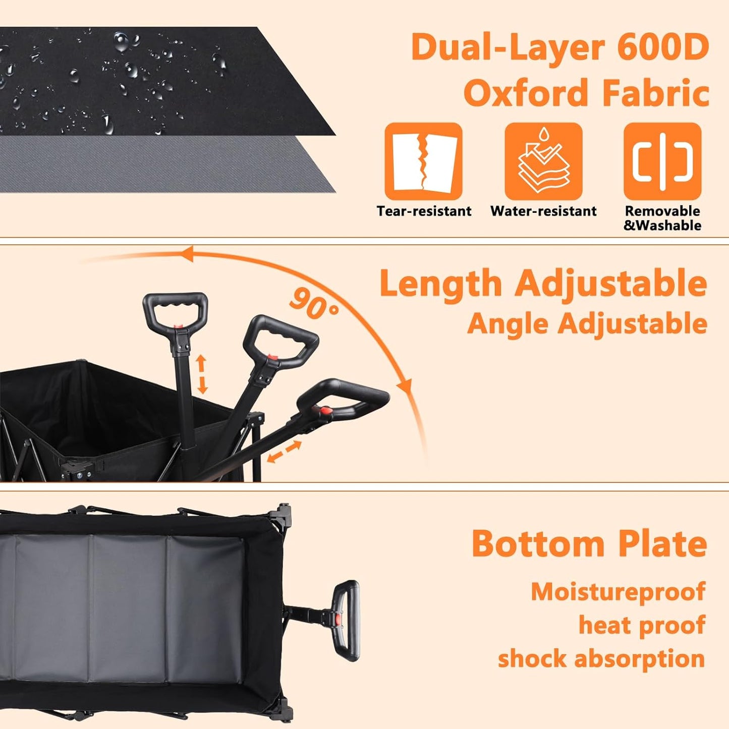 42" L Collapsible Foldable Wagon, 500LB Weight Capacity with 220L Heavy Duty Folding Cart,Utility Wagon with Big All-Terrain Beach Wheel, Drink Holders and 2 Bungee Cords,Black