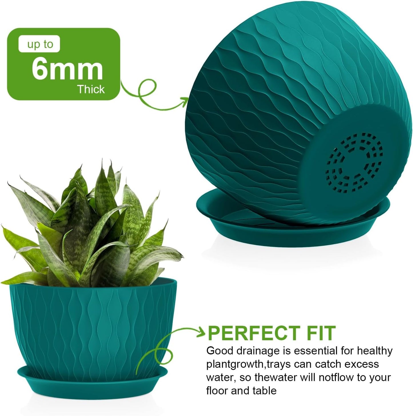 Plant Pots 12/10/9 Inch Pots, Set of 3 Plastic Planters with Drainage Holes and Saucers,Plastic Flower Pots,Nursery Planting Pot for Indoor Out Door Plants（Teal）