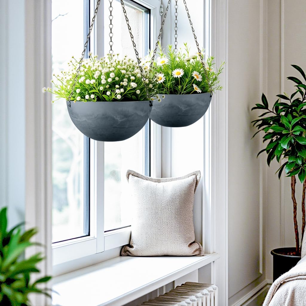 Marble Pattern 10 Inch Hanging Planter for Indoor Outdoor Plants, 2 Pack Hanging Planter Basket for Garden Home Decor Use (Gray)