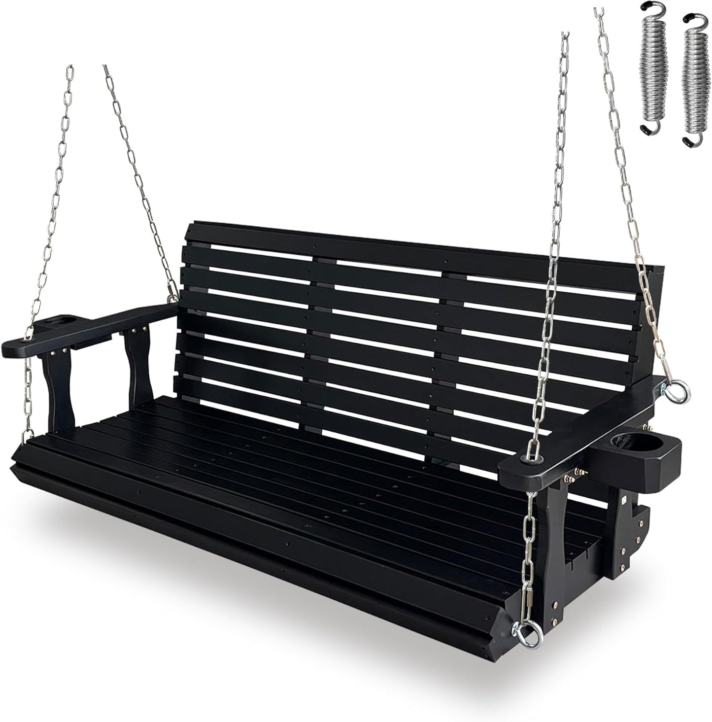 Wooden Porch Swing 3-Seater, High Backrest and Deep Seat, Bench Swing with Cupholders, Hanging Chains and 7mm Springs, Heavy Duty 880 LBS, for Outdoor Patio Garden (Carbon Black, 5 FT Extra Large)