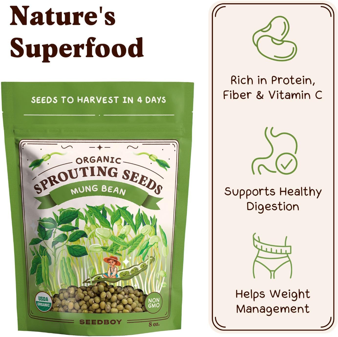 Seedboy Organic Mung Bean Seeds for Sprouting - Non-GMO, USDA Organic Sprouting Seeds Mix - Makes 5 Quarts of Sprouts, 15 Servings (8 oz) (Mung Bean)