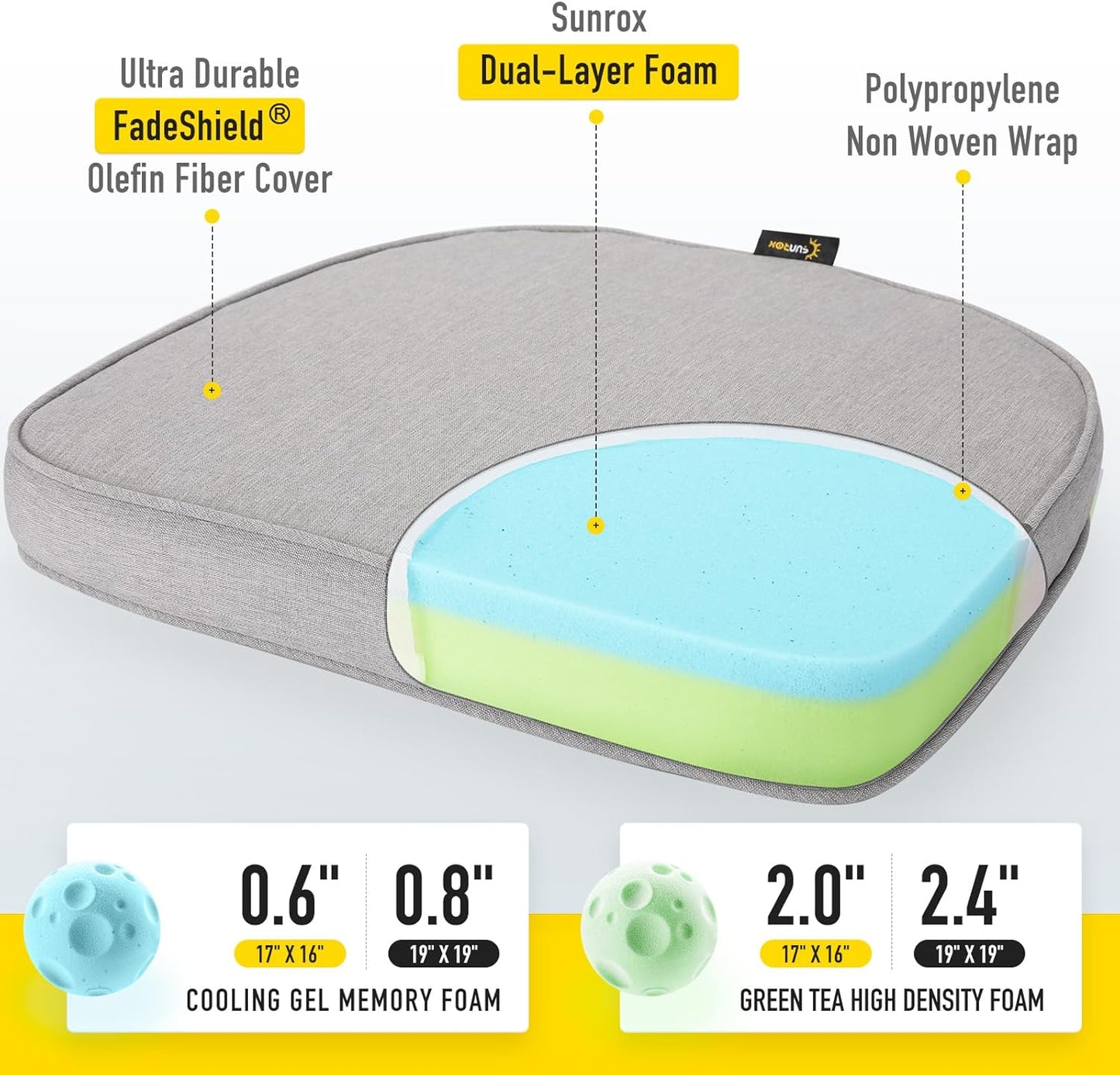 SUNROX Gel Memory Foam Chair Cushions, FadeShield Water-, Stain-Resistant Durable Reversible Seat Cushion Pads with Ties for Indoor/Outdoor Kitchen Dining Office 17"x16" Set of 2, Heather Grey