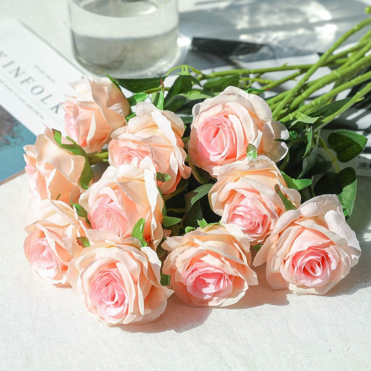 Pink Fake Roses Artificial Flowers - 10 Pcs Fake Artificial Roses Silk Flowers with Stems for Home Wedding Hotel Office Centerpiece Decor（Champagne Pink）