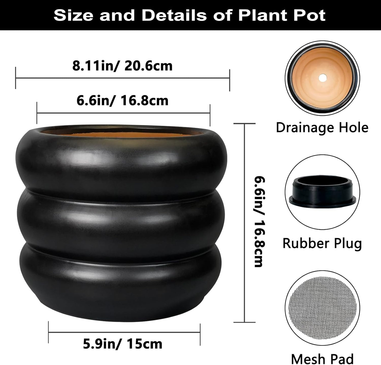 SQOWL Ceramic Pot for Plants 8 Inch - Indoor Plant Pot with Drainage Hole Planter for Outdoor Plants Modern Flower Pot Round Planter for House Home Decor Living Room Black