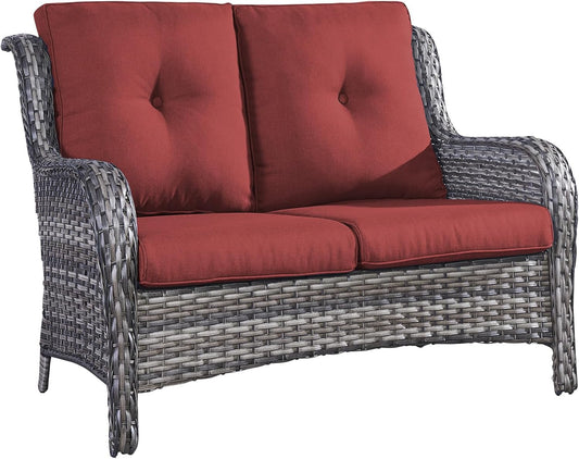 Outdoor Loveseat Patio Couch - 500 Lbs Weight Capacity Wicker Loveseat with High Backrest Wide Armrest, Small Patio Furniture Rattan 2 Seater Sofa for Balcony Deck Proch Poolside Grey