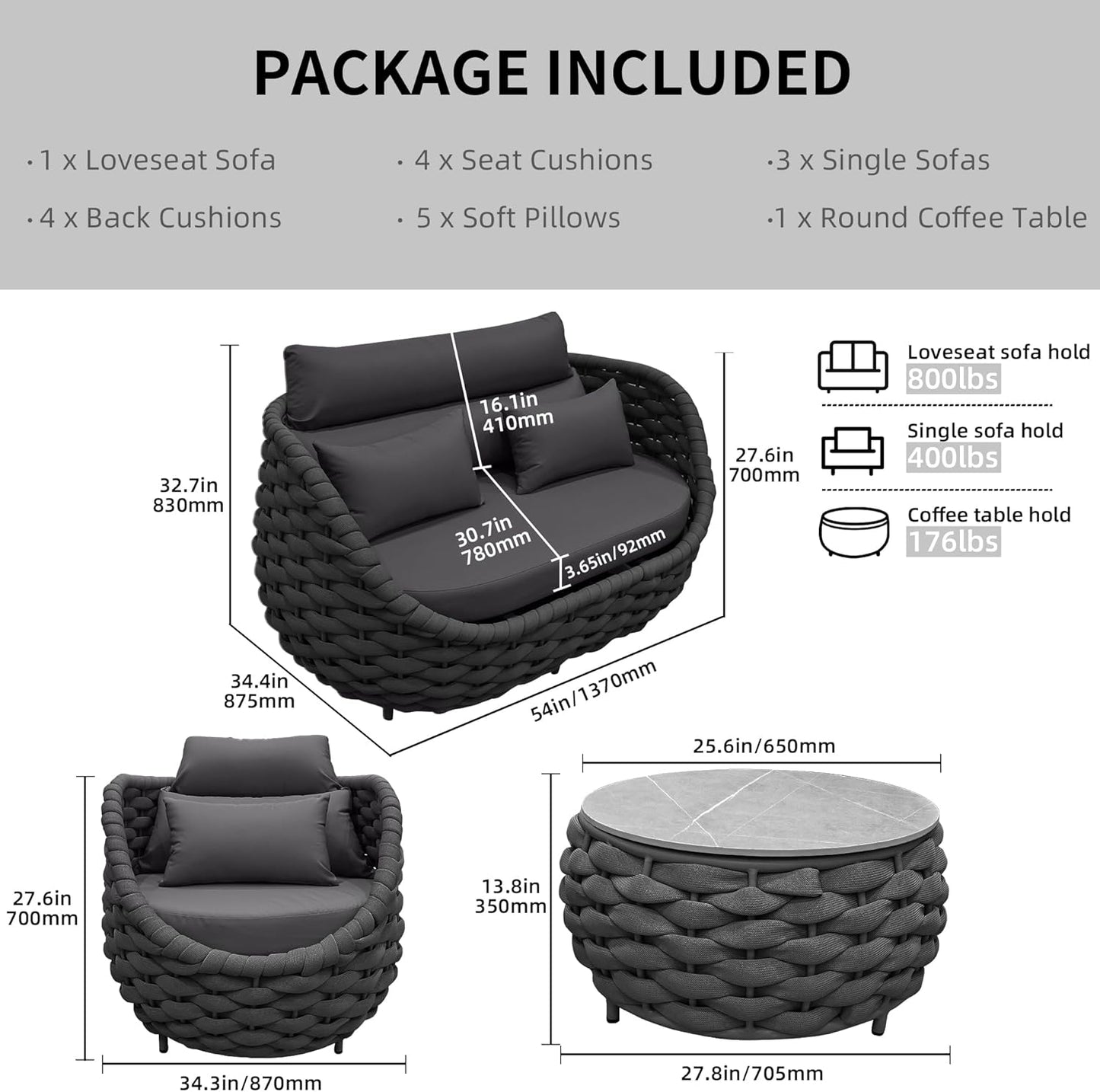 5 Pieces Patio Furniture Set, Outdoor Rope Conversation Sectional Patio Sofa with 5 Seater for Backyard, Porch, Modern Armchairs with Thickness Cushions and Side Table, Dark Grey