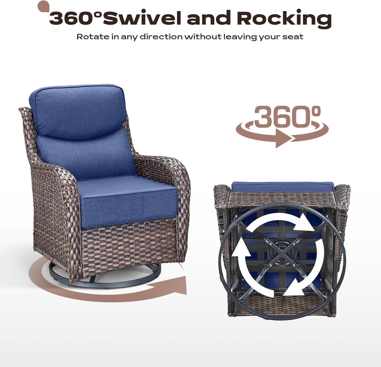 Wicker Outdoor Patio Furniture Set - 4 Piece Patio Conversation Set with Swivel Rocker Chairs and Ottomans, 6 inch Cushions, High Back, Deep Seating, for Porch Deck Garden Brown/Blue