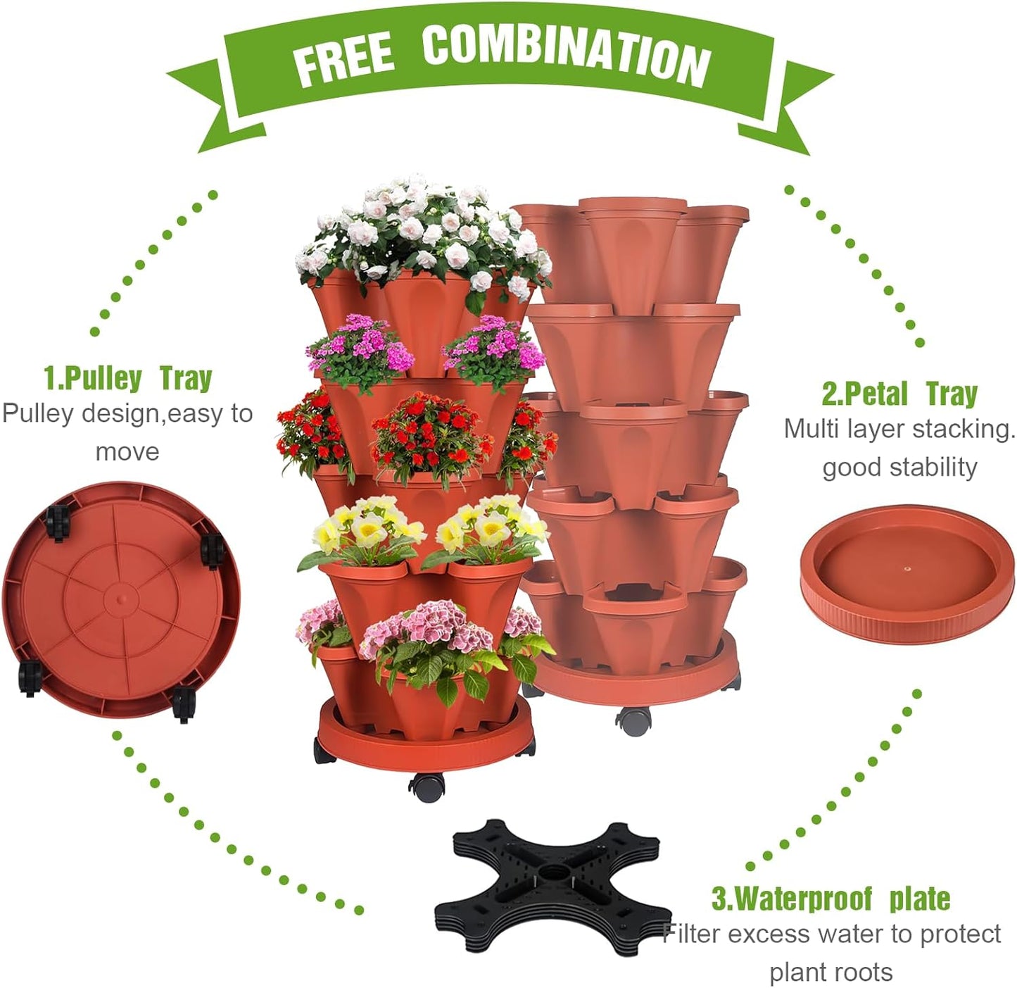 5 Tier Vertical Strawberry Planter-Tower Stackable Herb Planter Stacking Garden Planters Pot Outdoor With Tools Mover For Growing Flowers, Vegetables and Succulents