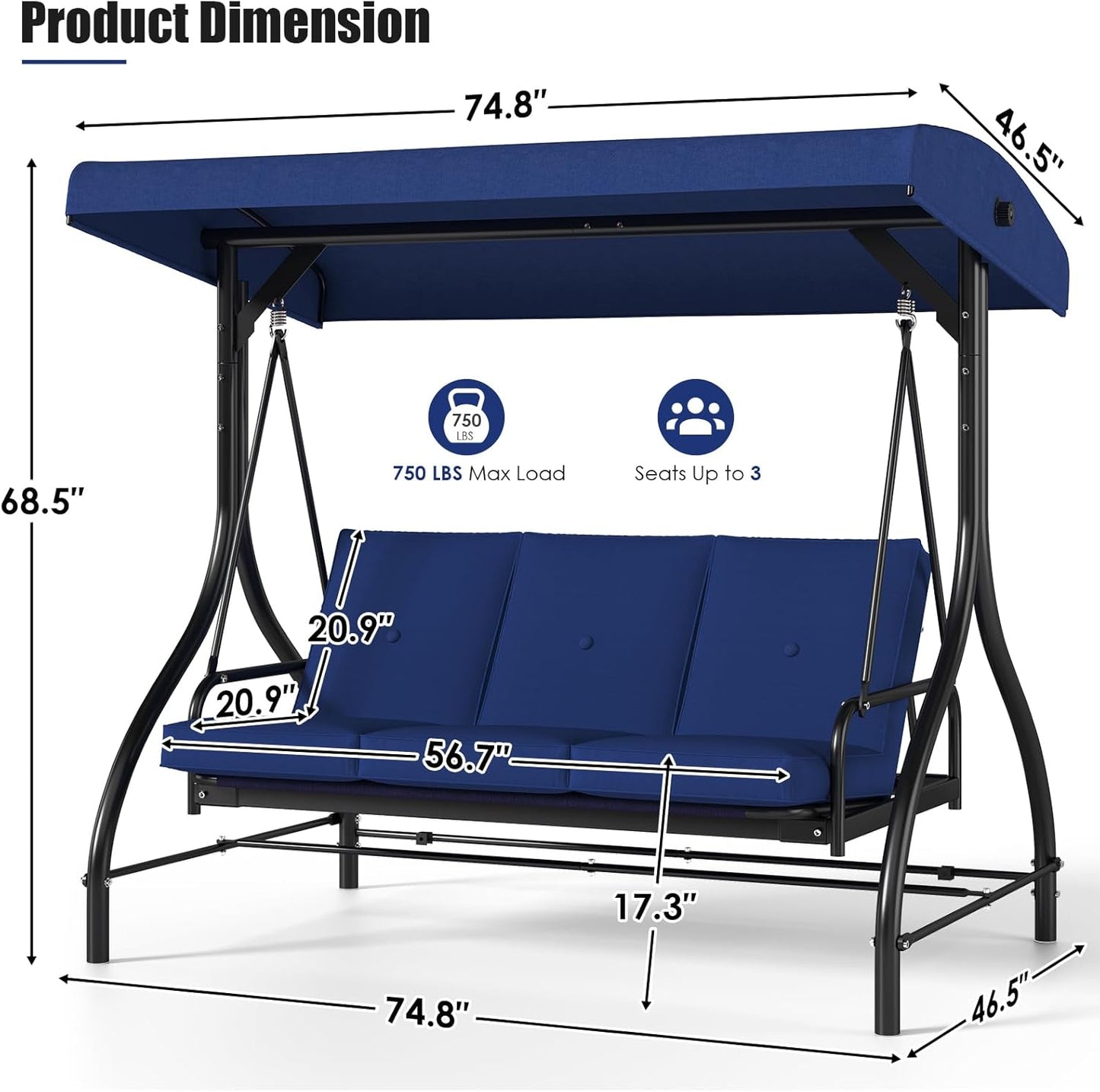 MAMIZO 3-Seat Patio Swing with Adjustable Canopy & Backrest, Outdoor Porch Swing Chair for Adults, Outside Porch Converting Bed Thickened Removable Cushions, 2mm Steel Pipe, for Garden, 750LBS