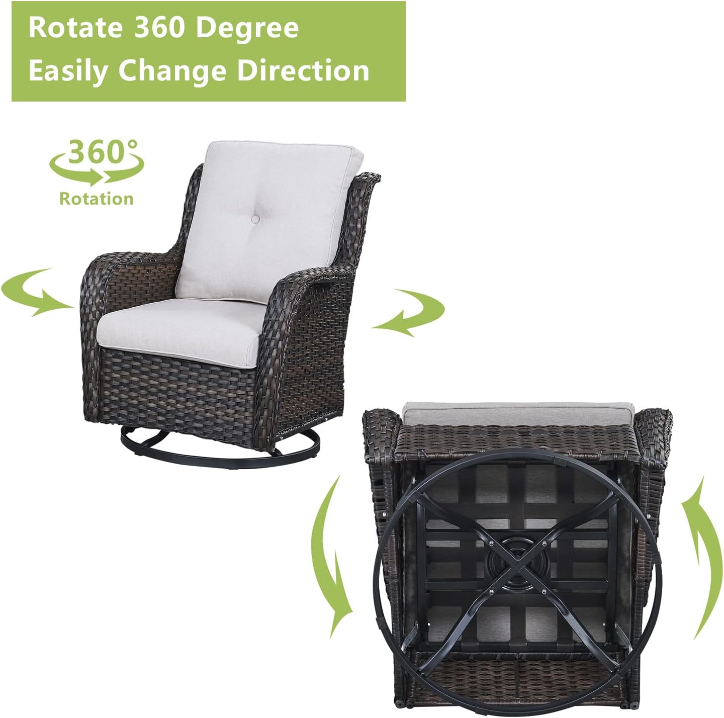 Outdoor Wicker Patio Furniture Set - 6 Piece Rattan Patio Conversation Set with 2 Rocking Swivel Chairs,2 Ottomans,1 Sofa and 1 Coffee Table for Porch Deck Backyard Garden(Brown/Beige)