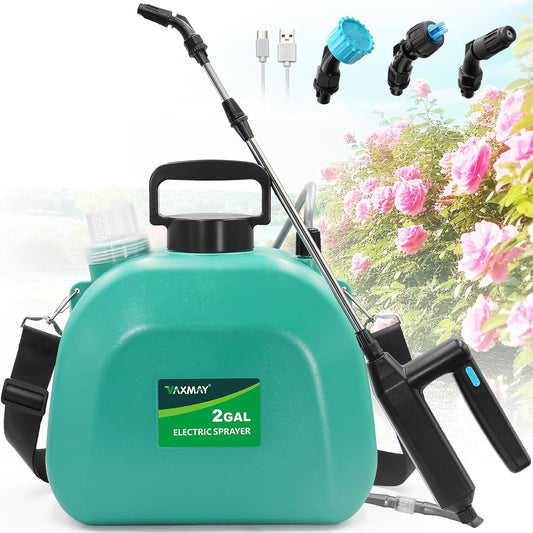 Battery Powered Sprayer 2 Gallon, Upgrade Powerful Electric Garden Sprayer with 3 Mist Nozzles, Rechargeable Handle, Retractable Wand, Adjustable Shoulder Strap for Lawn,Garden,Cleaning