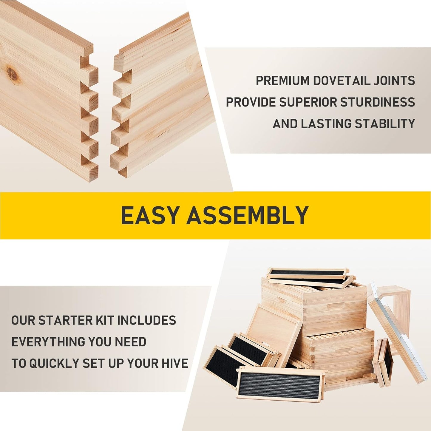 CREWORKS Bee Hive Boxes Starter Kit, 3 Layer Bee House with 10 Medium and 20 Deep Frames & Foundations, Langstroth Beehive for Bee Keeping, Beekeeping Supplies with Plastic Queen Excluder and Nails