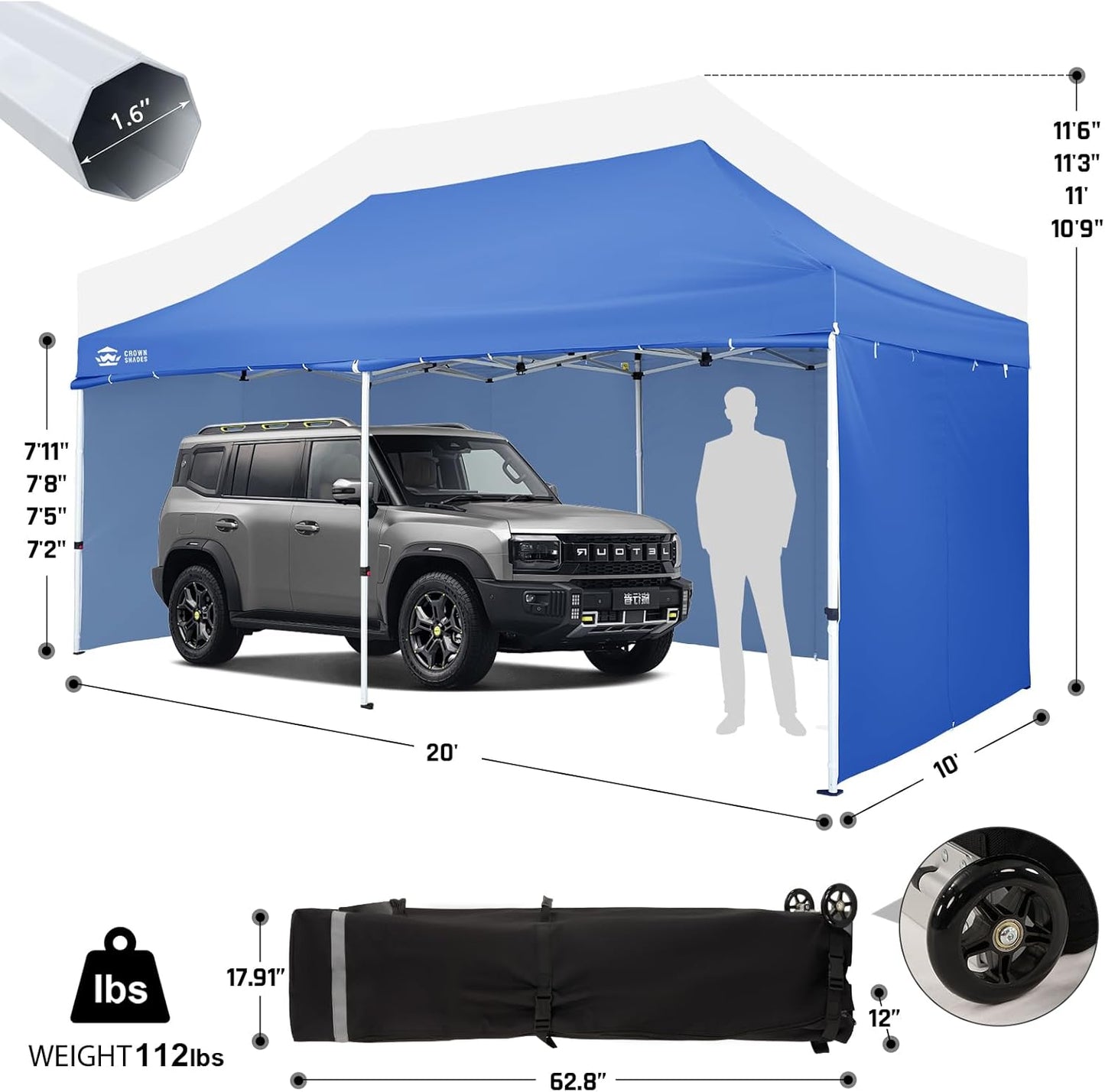 CROWN SHADES 10x20 Pop Up Canopy Tent, Thicken Frame Commercial Heavy Duty Tent, 4 Sidewalls 8 Stakes & 4 Sandbags & 4 Ropes, Outdoor Canopies for Events, Parties, Blue