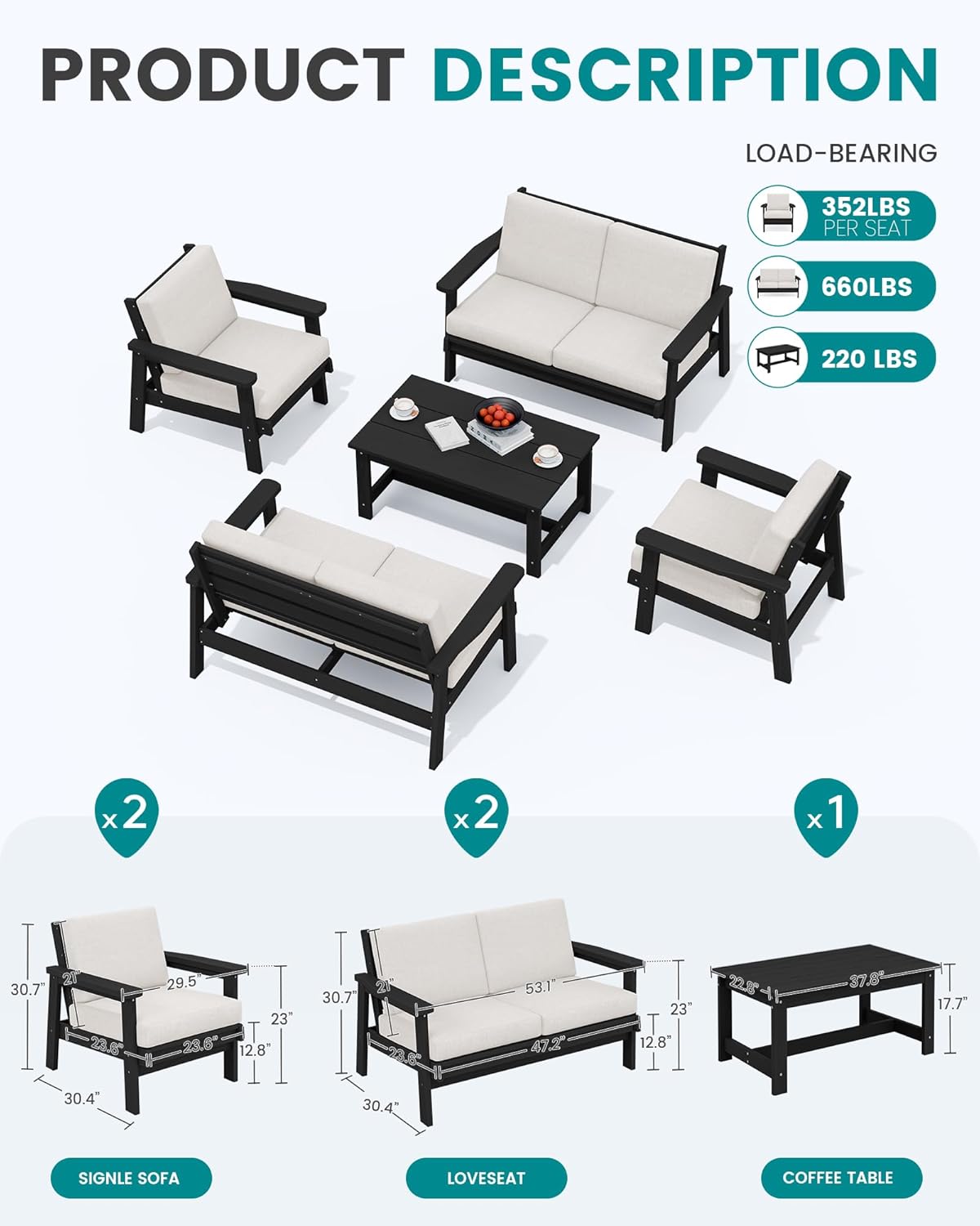 SERWALL HDPE Patio Furniture Set, 5 Piece All Weather Wood-Like Sectional Outdoor Furniture Set, Black Patio Sofa Couch with Khaki Cushions for Deck, Lawn