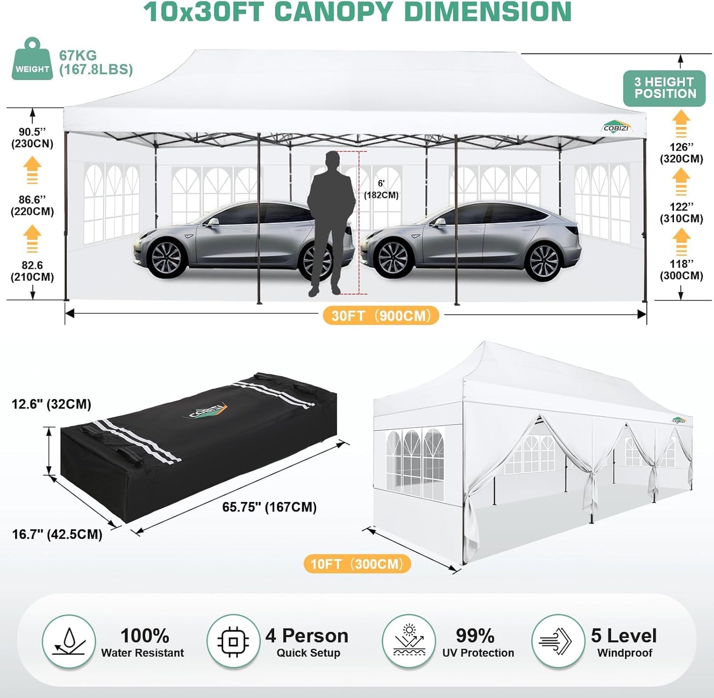 COBIZI 10x30 Pop Up Canopy Tent Heavy Duty with 8 Removable Sidewalls, Commercial Portable Tents for Parties Ez Up Canopy All-Weather Windproof & Waterproof and UPF 80+ Wedding Tent Sun Shelter