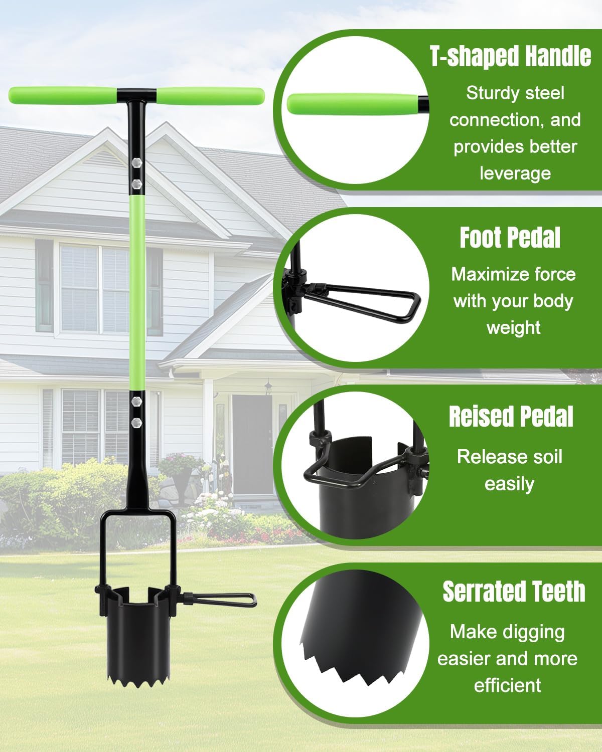 joyhalo Bulb Planter Tool Long Handle, 30in Serrated Base, 5 in 1 Lawn Tool, Sod Cutter, Grass Plugger Tool, Weeding, Transplanting, Garden Hole Digger for Plants, Flower Tulips Daffodils Lily