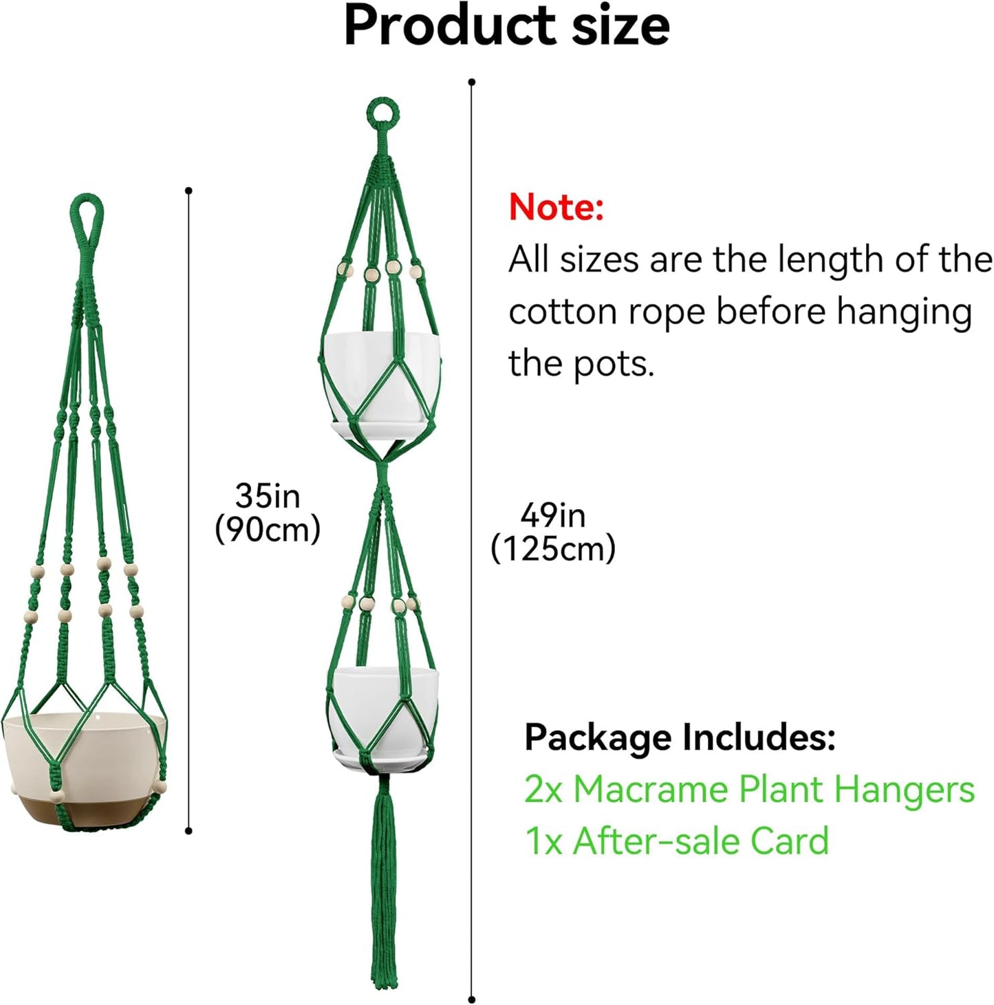 USLAI Macrame Plant Hanger Indoor Outdoor, Up to 4-15 inch Pot, Heavy 20lb Planters, Extra Long Strong Hanging Planter Basket Holder, Boho Home Decor, 35+49 Inch, Green (POTS NOT Included)