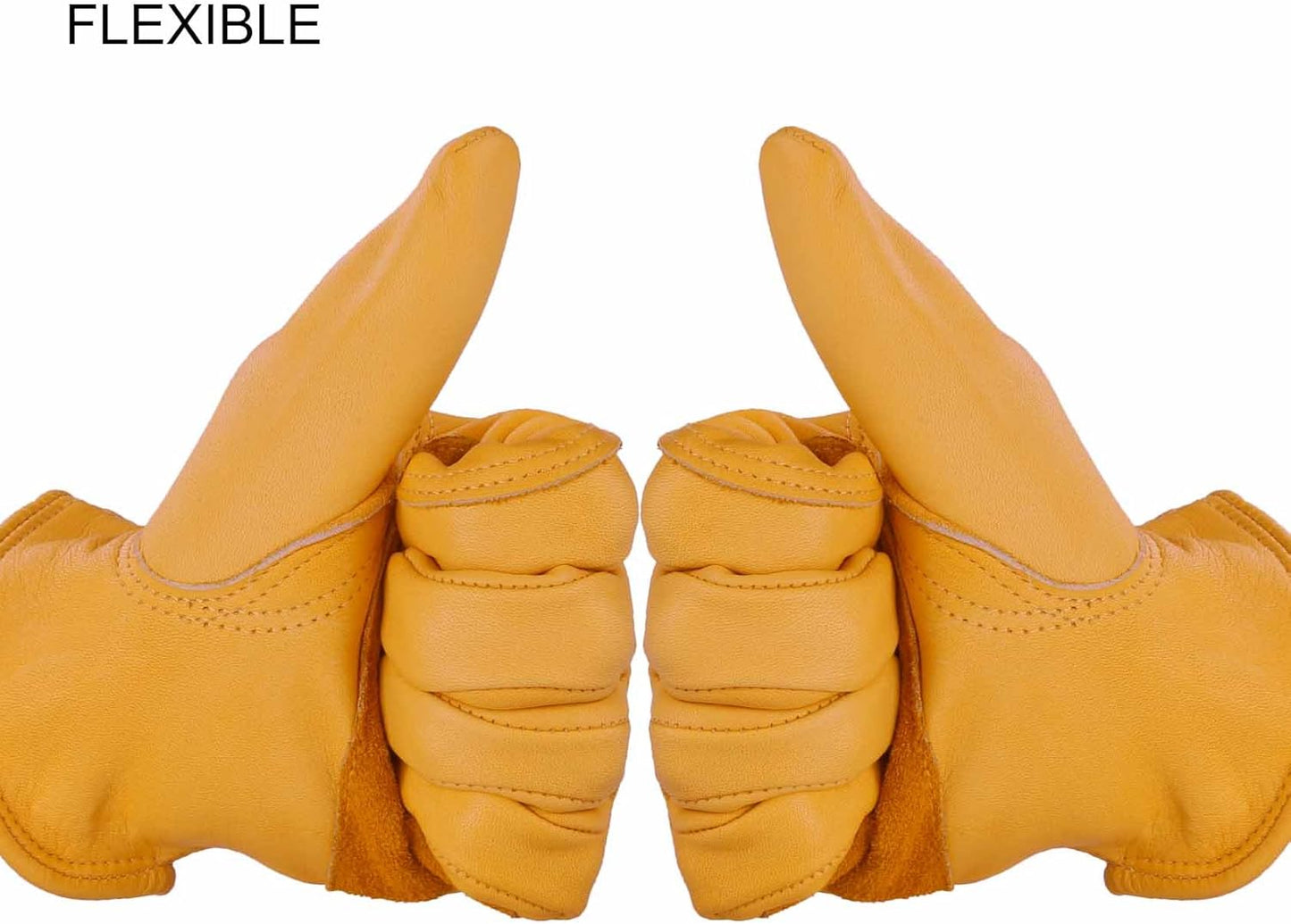 OZERO Flex Grip Leather Work Gloves Stretchable Wrist Tough Cowhide Working Glove 1 Pair (Gold, Large)