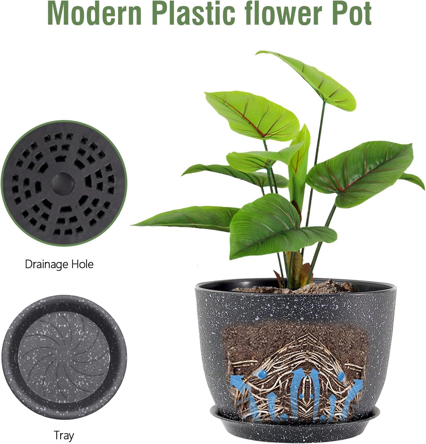 12 inch Big Plant Pots, Plastic Planters with Drainage Holes and Trays, Large Flower Pots for Indoor Outdoor Plants, Modern Decorative Pots for Garden House Plants, Speckled Black