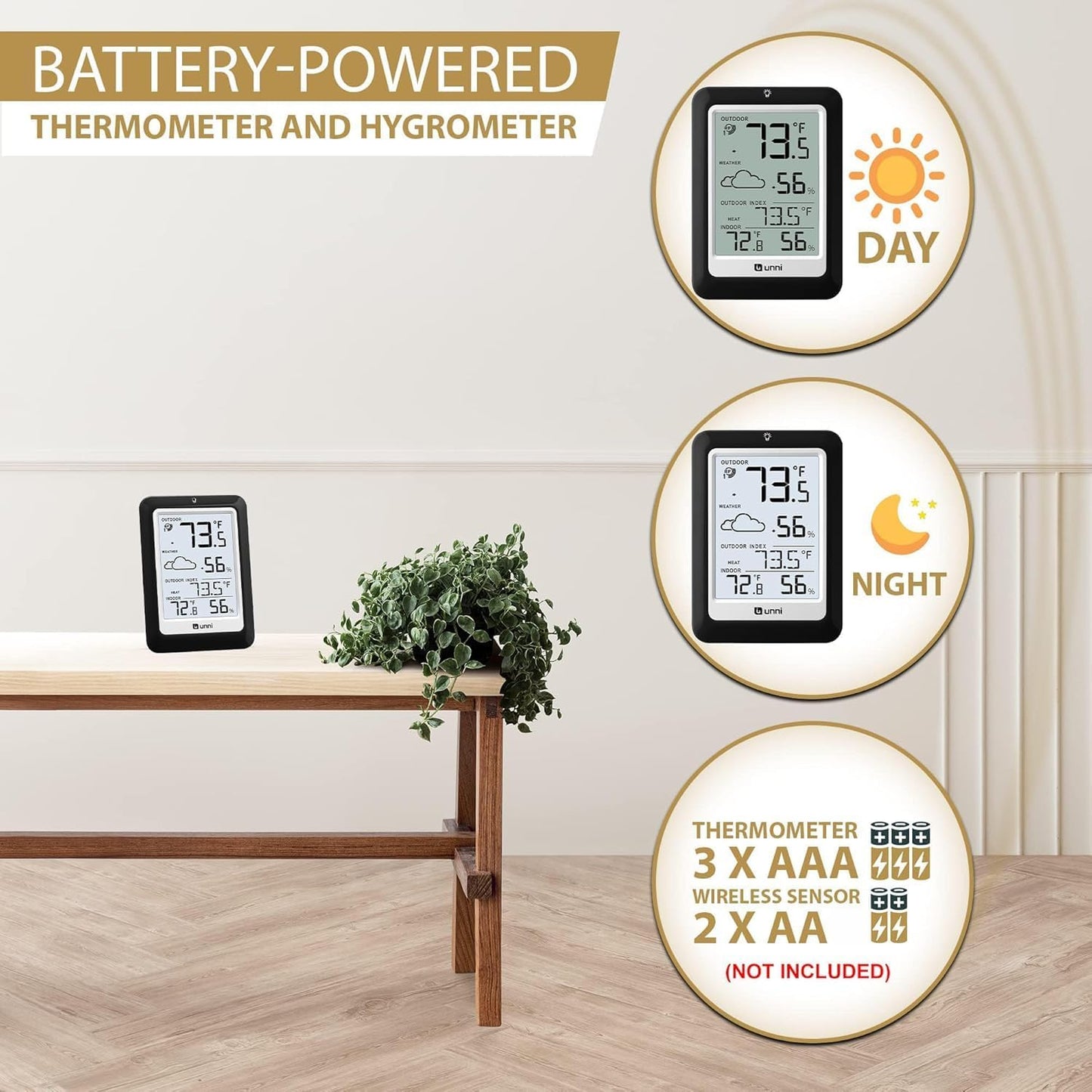 Indoor Outdoor Thermometer Hygrometer Wireless Weather Station, Temperature Humidity Monitor Battery Powered Inside Outside Thermometers with 330ft Range Remote Sensor(Black)