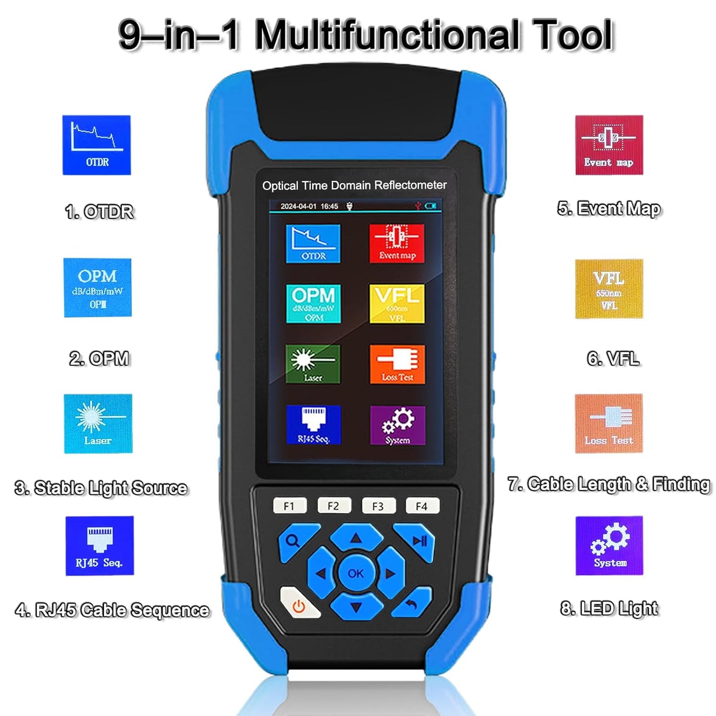 OTDR Optical Fiber Tester Mini-Pro SM 1310/1550nm with Event Map.Multi-Function Tester OPM,OLS,RJ45,VFL.Test Range 10m-60km Dynamic Range 24db/22db Connector UPC with FC/UPC-FC/APC-SX and FC/SC