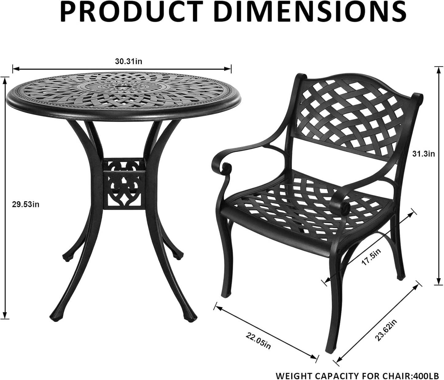 Cast Aluminum Patio Bistro Sets Outdoor Bistro Table and Chair Set of 2 with Umbrella Hole,Metal 3 Piece Patio Set All Weather Bistro Table Set for Garden,Black
