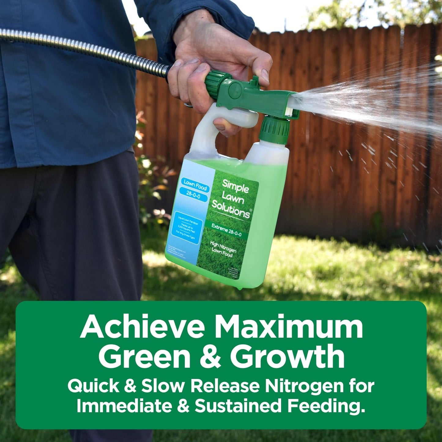 Maximum Green & Growth Fertilizer High Nitrogen 28-0-0 Liquid Lawn Food Spray Spring & Summer- Any Grass Type- Simple Lawn Solutions - Concentrated Quick & Slow Release Attached Sprayer (32 Ounce)