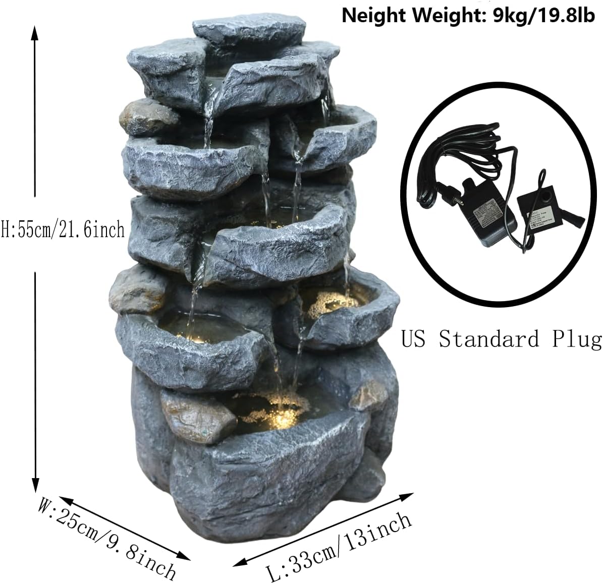 Water Fountain with Lights Outdoor Garden Decor,5-Tier Cascading Rock Waterfall for Indoor Patio Backyard Porch Art Decoration 21.6 Inches
