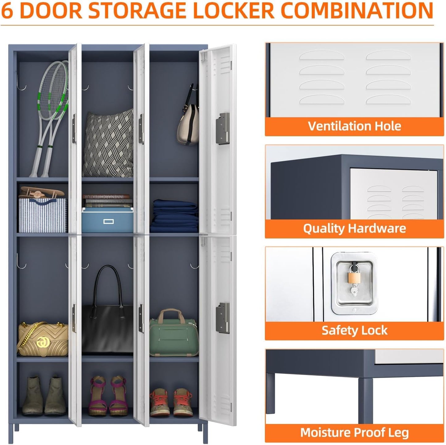 METAN Metal Locker for School Office Gym Bedroom,6 Doors Steel Storage Locker Cabinet for Employees,Industrial Storage Locker with 1 Shelves,Assembly Required,Gray+White…