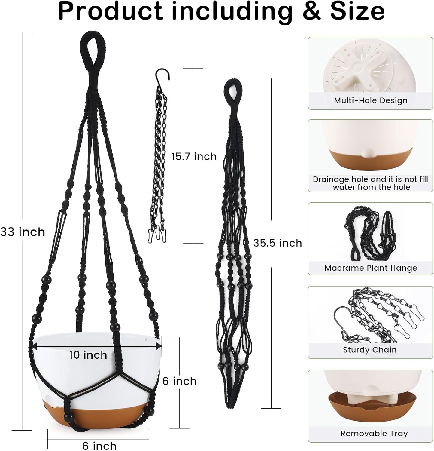 10 Inch Hanging Planter, 2 Pack Hanging Plant Self Watering Pot with Drainage Holes & Saucers, Hanging Baskets Flower Pots with Black Macrame Rope Hangers for Garden Home -White
