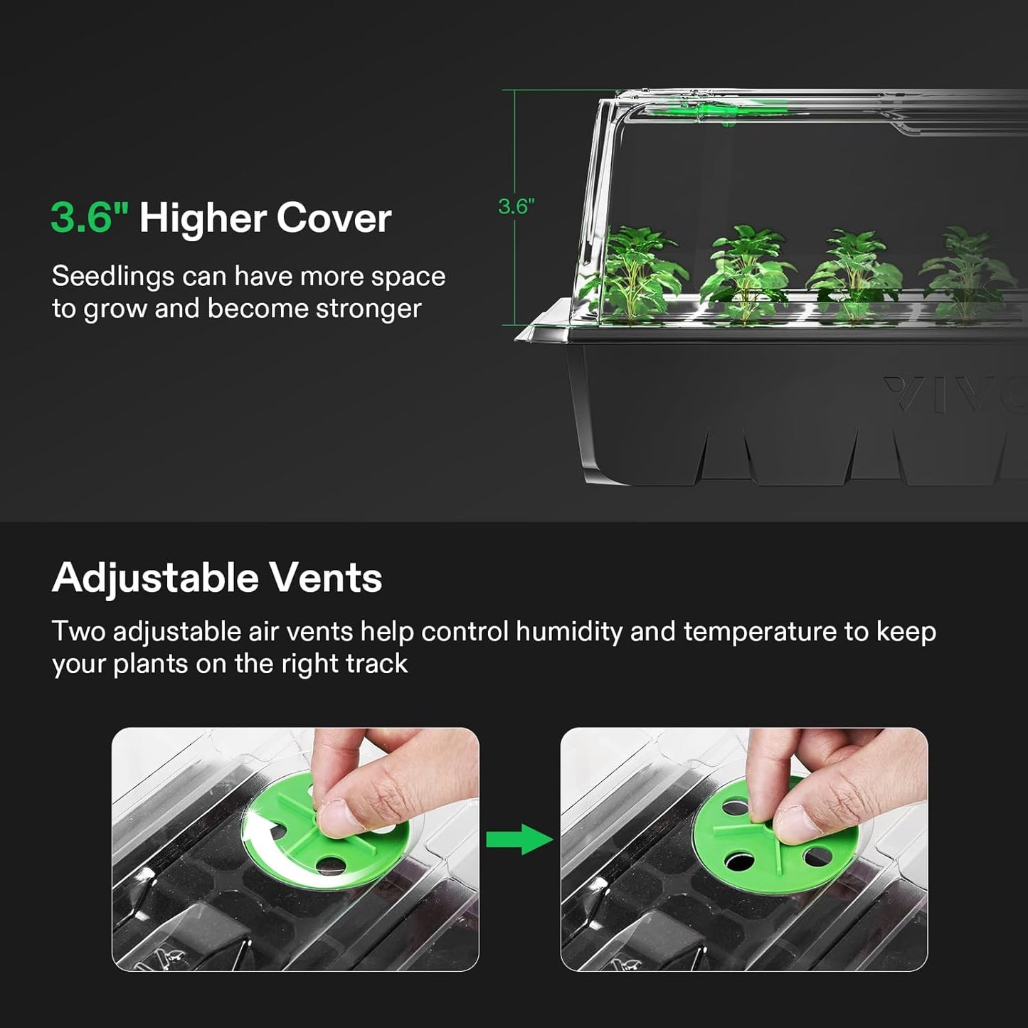 VIVOSUN 6-Pack Seed Starter Trays, 240-Cell Seed Starter Kit with 2 Set of LED Lights, 3.6" Higher Cover, Adjustable Vents, Drainage Holes, Green Propagation Tray for Planting Seed, 40 Cells x 6 Packs