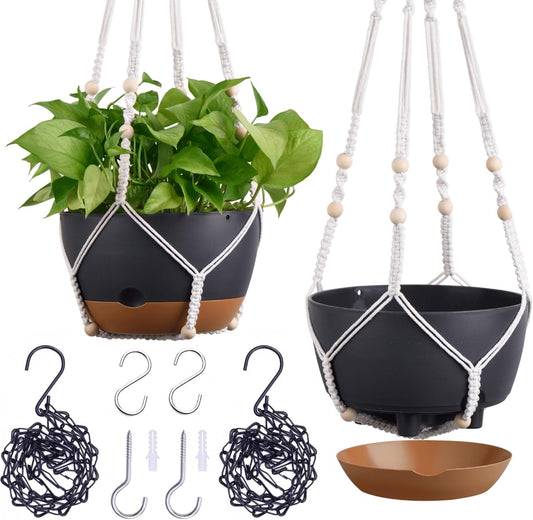 Set of 2-8 Inch Hanging Planters for Indoor Plants with Self-Watering Includes Hanging Pots for Plants, Outdoor Hanging Plant Pot with Drainage, and 2 Types of Baskets Hangers (Black)
