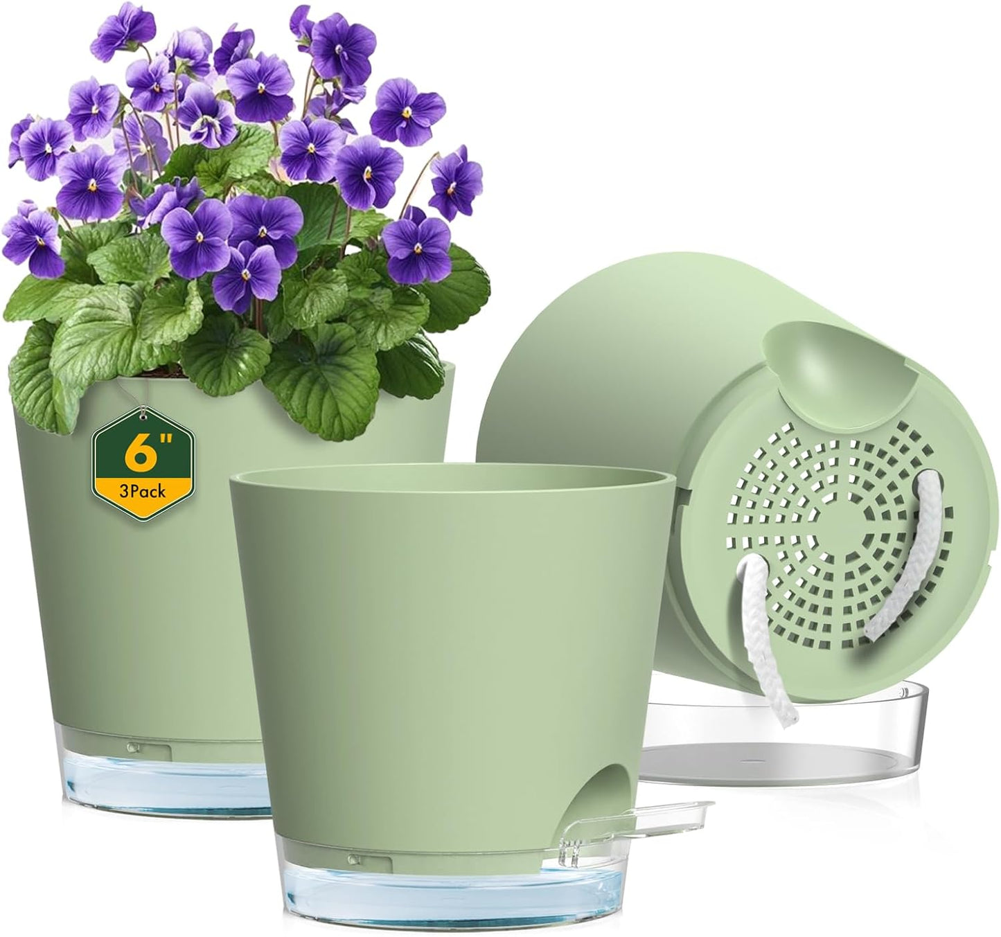 6 inch Self Watering Pots for Indoor Outdoor Plants, 3 Pack Flower Plant Pots with Drainage Holes and Clear Reservoirs, Visible Water Level, Plastic Planters with Wicking Rope, Green