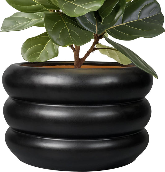 SQOWL Ceramic Flower Pot 13.5 Inch - Large Planter for Indoor Plants Outdoor Plant Pot with Drainage Hole Round Planter Mid-Century Flower Pot for Porch Living Room Decor Black