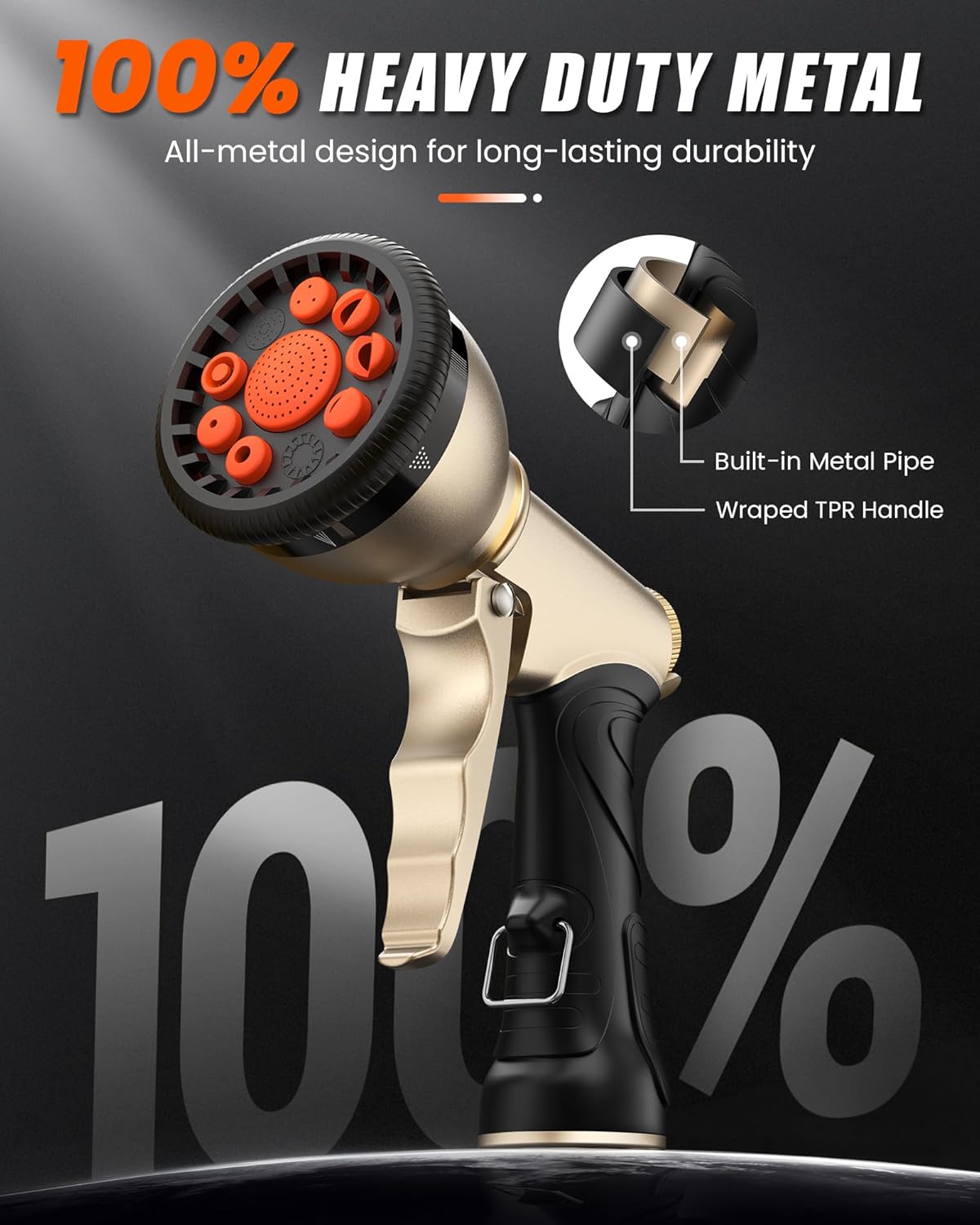 RAINPOINT Garden Hose Nozzle, Hose Sprayer Nozzle with 9 Spray Patterns, High Pressure Water Hose Nozzle Heavy Duty Metal Hand Sprayer, Watering Plants and Lawn,Orange