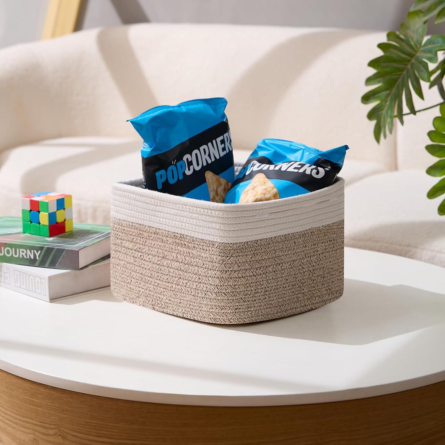 Small Organizing Baskets for Cubes Shelf, 9.7x9.7x7.1 Inch Rope Woven Storage Bins for Nursery Shelves Storage, Cute Toy Basket, Square 3 Packs Off White Brown