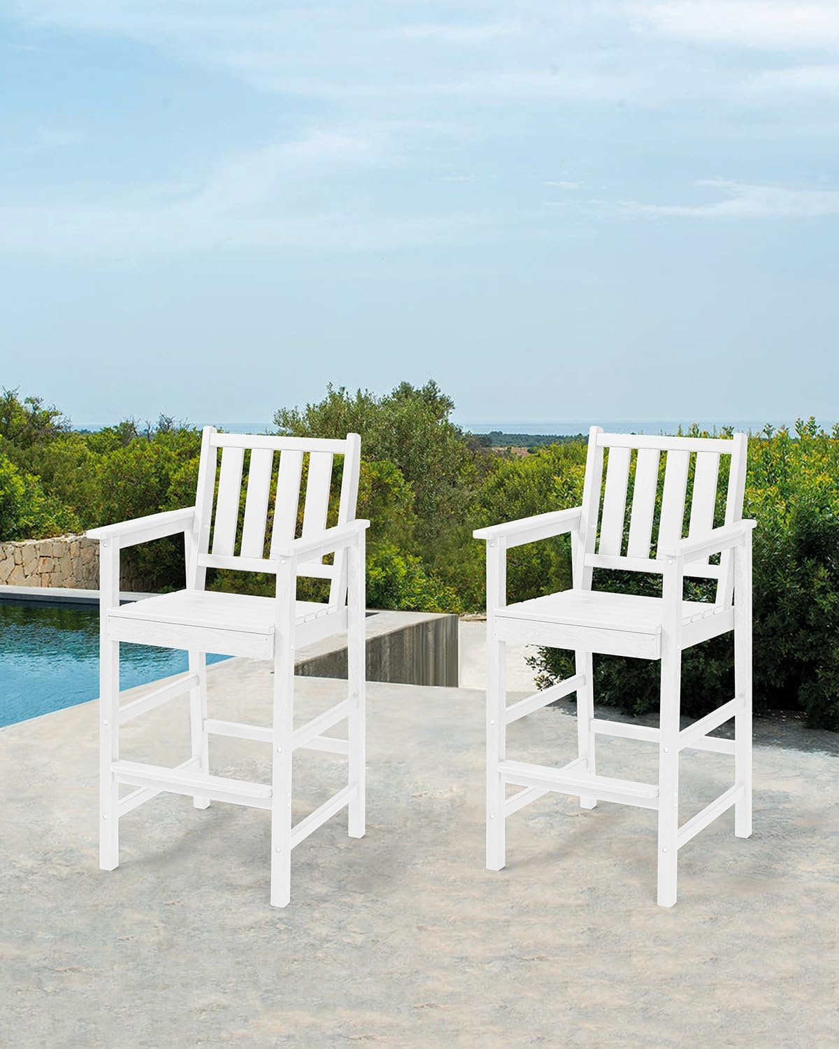 Adirondack Bar Chair Set of 2, HDPE Tall Adirondack Chairs Bar Stools with Footrest, Outdoor Bar Height Stool Chair Set, HDPE Patio Barstools Set for Balcony, Porch, Deck, Pool, Pearl
