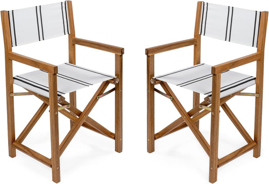 JONATHAN Y DRC1001B-SET2 Cukor Classic Vintage Outdoor Acacia Wood Folding Director Chair with Canvas Seat Mid-Century, Modern, Traditional, Classic, Coastal, White/Black Stripe/Teak Brown (Set of 2)