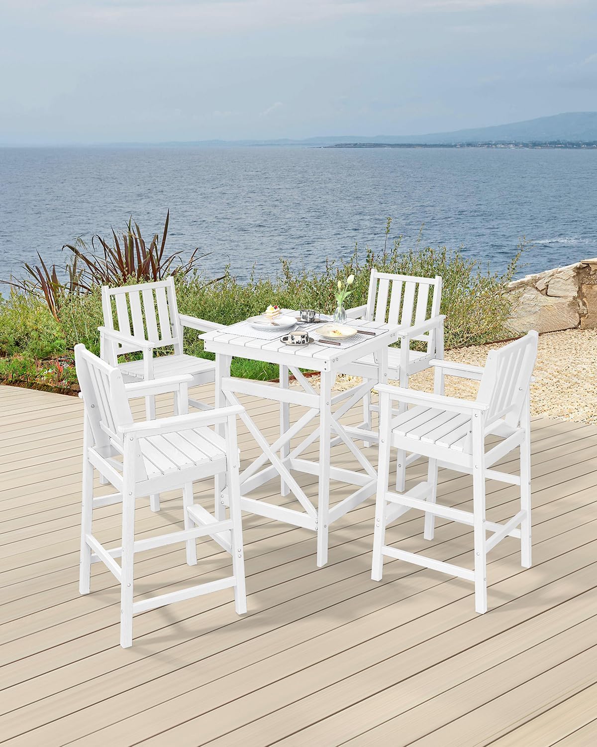 5 Pieces Adirondack Bar Chairs Set, HDPE Patio Bar Height Table and Chairs, Tall Adirondack Outdoor Bar Stools Set, HDPE Patio Bar Sets Furniture for Garden, Poolside, Bistro, Pearl