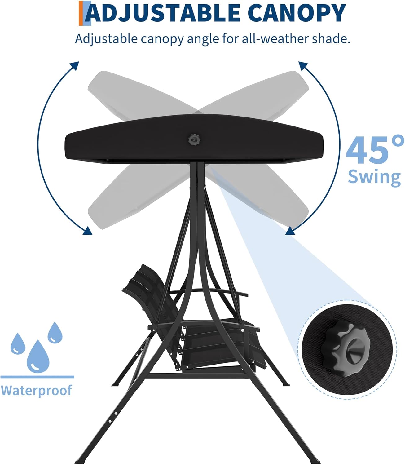 3-Seat Outdoor Patio Swing Chair, Porch Hanging Chairs with Adjustable Canopy, Armrests and Breathable Textilene Fabric, Hanging Swing Bench for Garden, Poolside, Backyard – Black