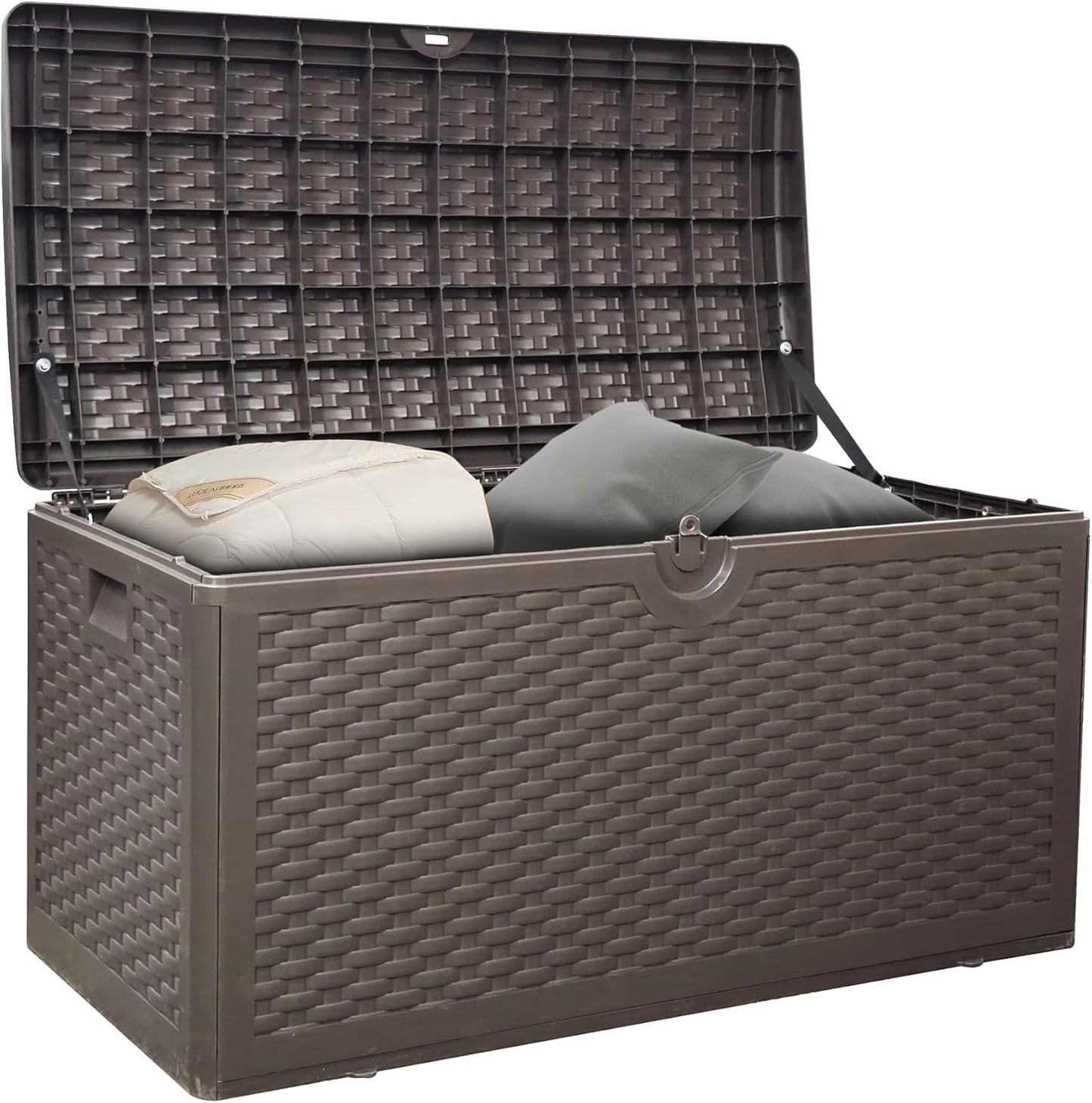 Upgrade 80 Gallon Waterproof Large Resin Deck Box Indoor/Outdoor Lockable Storage Container and Seating for Garden, Pool, and Patio (80 Pro Gallon, Brown)