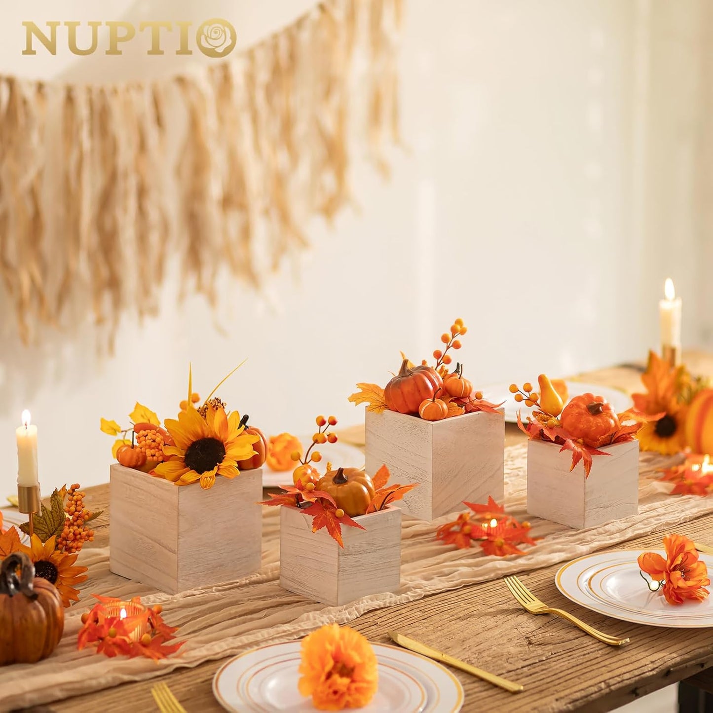 NUPTIO Wooden Box for Centerpiece Wedding: 12 Pcs Rustic Square Planter Box Farmhouse Table Fall Decor - 4×4" & 5×5" Whitewashed Small Wood Vases Flower Pots for Windowsill Home Garden